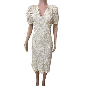 RAHI Med. dress, yellow‎ cream, eyelet, cutout, v neck, puff sleeve, 100% cotton